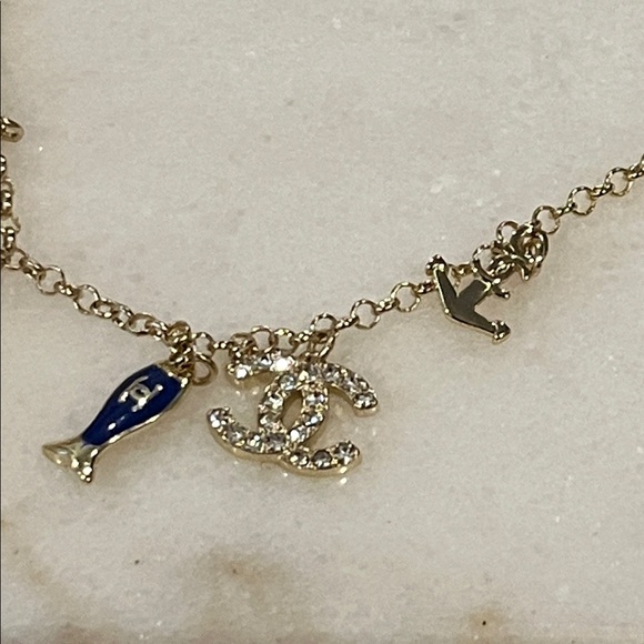 CHANEL Gold and Blue Charm Necklace APROX 16in NWOT/GWP - Picture 3 of 5